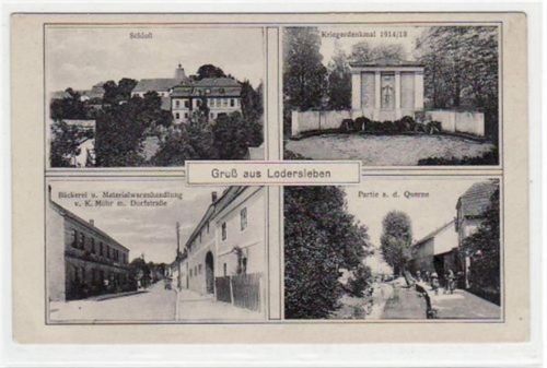 Gruß aus Lodersleben mit Schloß, Kriegerdenkmal, Bäckerei und Materialwarenhandlung v. K. Mohr mit Dorfstraße und Partie an der Querne. Postalisch nicht befördert, handschriftliches Datum von 1926. Leichter Bug unten links, sonst gut erhalten.