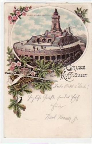 Kyffhäuser Lithographie Gruß vom Kyffhäuser mit Kaiser Wilhelm Denkmal gelaufen von 1906. Gute Erhaltung.