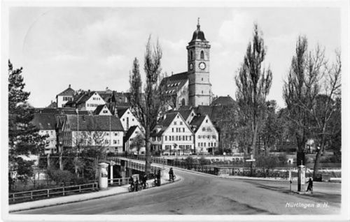 Nürtingen am Neckar. Blick auf die Kirche gelaufen. Leichter Stempeldurchdruck, sonst gut erhalten