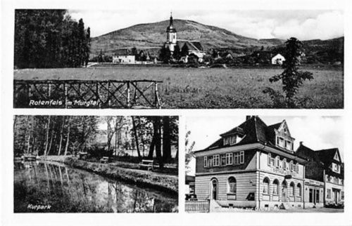 Rotenfels im Murgtal mit Blick auf die Kirche, Kurpark und Gasthaus zur Gross-Au ungelaufen Sehr gut erhalten.