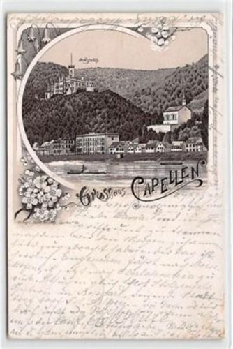 Koblenz Koblenz-Capellen, Lithographie mit Schloß Stolzenfels gelaufen. Ecken mit Albumabdrücken, leichter Stempeldurchdruck, sonst gut erhalten