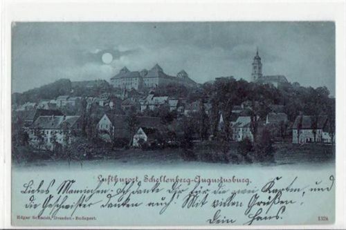 Augustusburg Augustusburg, Mondscheinkarte mit Gesamtansicht gelaufen von 1901. Ecken mit Albumabdrücken, sonst gut erhalten