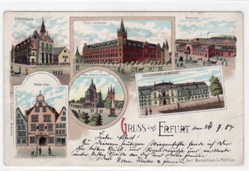 Erfurt Lithographie Gruss aus Erfurt mit hoher Lilie, Rathaus, Post-Gebäude, Bahnhof, Regierungs-Gebäude, Dom und Severikirche gelaufen 1904. Leichter Stempeldurchdruck. Leicht fleckig, sonst gut erhalten.