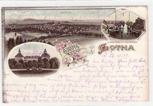Gotha Gruß aus Gotha. Totalansicht, Schloß Friedenstein Wasserkünste am Schloßberg gelaufen 1899 kleiner Knick und kleiner Riß obere linke Ecke kleiner Riß linke Kante Oxydationsspuren linker Rand, sonst gut erhalten.