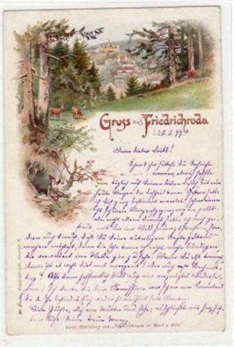 Friedrichroda Lithographie. Gruß aus Friedrichroda. Teilansicht gelaufen 1897 Eckbug oben rechts sonst gut erhalten.