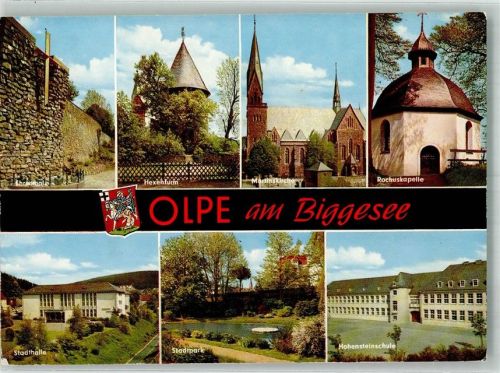 57462 W5960 Olpe , Biggesee Foto AK Ehrenmal Hexenturm Martinskirche Rochuskapelle Stadthalle Stadtpark Hohensteinschule Wappen