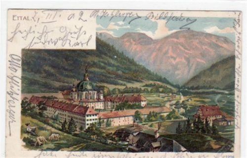 Ettal, Lithographie mit Kloster gelaufen von 1902. Leichter Bug oben links, sonst gut erhalten