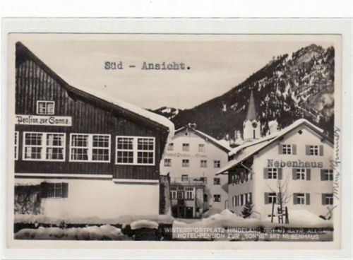 Fotokarte vom Wintersportplatz Hindelang im Allgäu. Hotel Pension zur Sonne Nebenhaus ungelaufen Top Erhaltung.