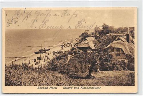 Greifenberg Seebad / Horst - Kreis Greifenberg / Powiat Gryficki. Strand und Fischerhäuser gelaufen. Leichte Stempelspuren, sonst gut erhalten
