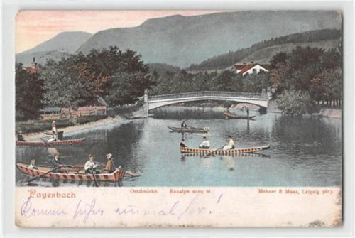 Payerbach. Ortsbrücke Raxalpe im Hintergrund gelaufen. leichte Abschürfungen, kleiner Knick unten rechts, sonst gut erhalten