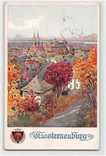 Künstlerkarte Klosterneuburg. Gesamtansicht mit Kirche gelaufen kleiner Knick oben und unten rechts, sonst gut erhalten