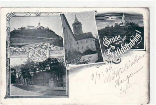 Leuchtenburg mit 4 verschiedenen Abbildungen gelaufen von 1899. Ecken mit Albumabdrücken, leichter Stempeldurchdruck, Oxydationsspuren rechter Rand, sonst gut erhalten.