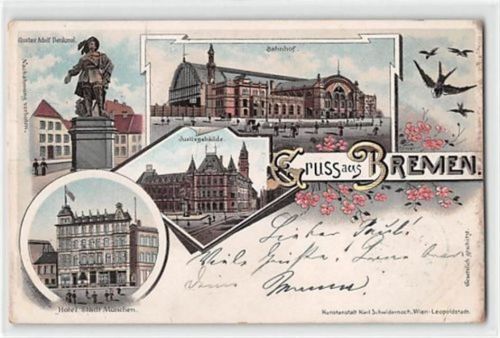 Bremen Lithographie Bremen mit Justizgebäude und Bahnhof gelaufen. Ecken mit Albumabdrücken, leicht fleckig, sonst gut erhalten