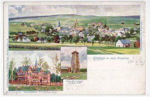 Grünhain, Künstlerkarte mit 3 Abbildungen. ungelaufen um 1900 Gute Erhaltung.