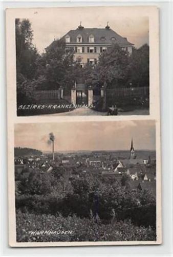 Thannhausen in Schwaben mit Bezirks-Krankenhaus gelaufen. Marke entfernt, Abrißspuren. Vorder- und Rückseite fleckig, leicht bügig, sonst gut erhalten