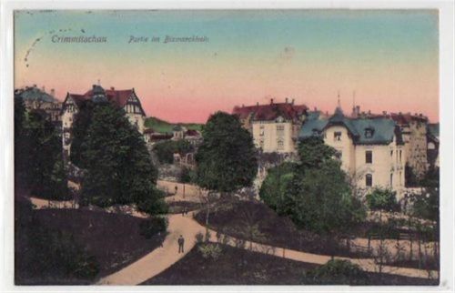 Crimmitschau mit Partie am Bismarckhain gelaufen von 1912. Leichte Stempelspuren, sonst gut erhalten