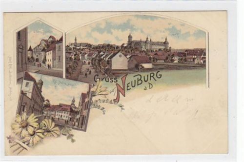 Neuburg, Lithographie mit Kgl. Studien Anstalt u. oberem Stadttor gelaufen, mit Marke und Stempel von 1898 kleiner Riß am rechten Rand unten, Knick oben links mit Einriß, Ecken mit Albumabdrücken, sonst gut erhalten