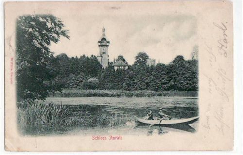 Schloss Aprath mit Partie am Teich gelaufen von 1903 kleiner Knick oben und unten links, leichte Eckabschürfungen und unten rechts Vorderseite, leicht fleckig, sonst gut erhalten