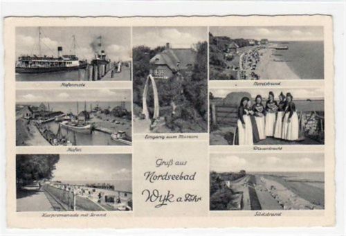 Wyk Wyk a. Föhr, 7 Abbildungen mit Hafen und Friesentracht gelaufen, 1952. Gute Erhaltung.