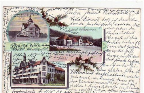 Friedrichroda Friedrichroda i. Thür. Rathaus Kurhaus Bahnhof gelaufen 1908 Eckbug unten links, und an der unteren rechten Ecke , sonst gut erhalten.
