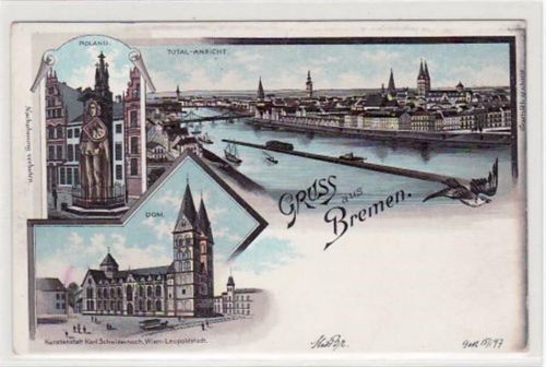 Bremen Bremen, Lithographie mit Totale, Roland und Dom. ungelaufen um 1900 Oxydationsspuren rechter Rand, sonst gut erhalten
