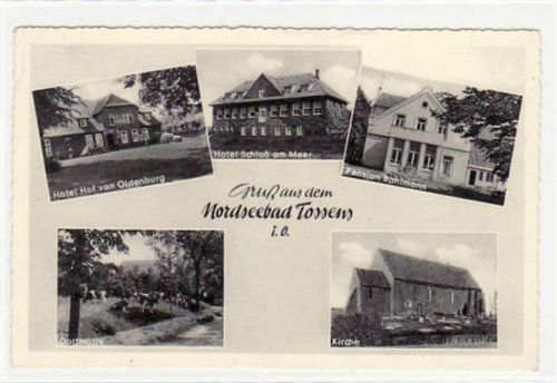 Nordseebad Tossens, 5 Abbildungen mit Hotel Hof von Oldenburg gelaufen, 1957 kleiner Knick oben links, sonst gut erhalten