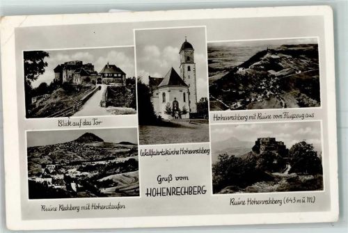 73072 W7076 Hohenrechberg , Württ Gebrauchsspuren Blick auf das Tor Ruine Rechberg mit Hohenstaufen Wallfahrtskirche