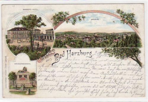 Bad Harzburg Bad Harzburg, Lithographie. Bahnhofs Hotel u. das Kriegerdenkmal gelaufen, mit Marke und Bahnpoststempel von 1898, Zug Nr. 499. Leichter Stempeldurchdruck, leicht bügig, fleckig, sonst gut erhalten