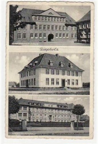 Diepholz, 3 Abbildungen mit Graf-Friedrich-Schule, Krankenkasse-Zollamt und Kreiskrankenhaus gelaufen, Marke beschädigt, Datum nicht lesbar kleiner Knick unten links und rechts, leicht fleckig, sonst gut erhalten