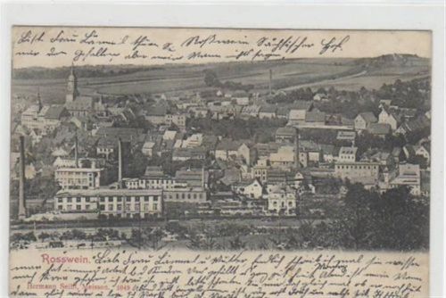 Roßwein mit Gesamtansicht gelaufen von 1907. Leicht stockfleckig, sonst gut erhalten.
