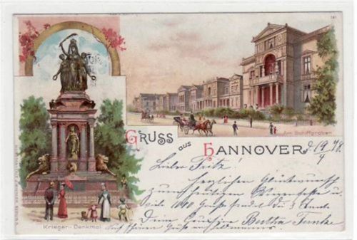 Hannover Hannover, Lithographie mit Partie am Schiffgraben und Kriegerdenkmal gelaufen, 1898. Gute Erhaltung.