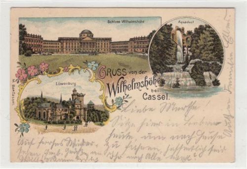 Wilhelmshöhe Kassel - Wilhelmshöhe, Lithographie. Aquaduct Schloß Wilhelmshöhe Löwenburg gelaufen, 1899. Leicht fleckig, leicht bügig, sonst gut erhalten