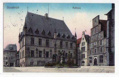 Osnabrück Osnabrück mit Rathaus gelaufen, Marke entfernt. leichte Eckabschürfungen, kleiner Knick oben links, leichte Stempelspuren, sonst gut erhalten