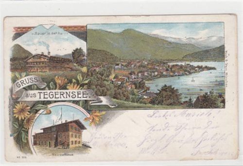 Tegernsee, Lithographie mit Bauer in der Au und Neureuthaus gelaufen, 1898 kleiner Knick oben links, Vorder- und Rückseite fleckig, leichte Abschürfungen, sonst gut erhalten