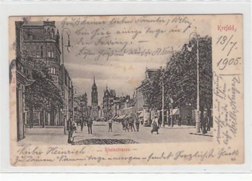 Krefeld Krefeld. Rheinstrasse gelaufen, 1905. Vorder- und Rückseite stockfleckig, sonst gut erhalten