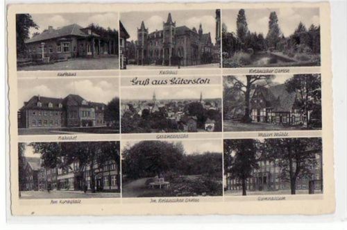 Gütersloh Gütersloh, 9 Abbildungen mit Gymnasium und Rathaus gelaufen, Marke entfernt, handschriftliches Datum von 1953. Leichter Schrift- und Stempeldurchdruck, oben links leicht bügig, sonst gut erhalten