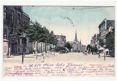 Lübeck Lübeck mit Mühlenstrasse gelaufen, 1904. Ecken mit Albumabdrücken, leichte Stempelspuren, sonst gut erhalten