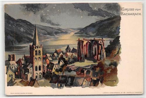 Bacharach Bacharach, Lithographie. Gesamtansicht ungelaufen um 1900 Ecken mit Albumabdrücken, leicht fleckig, sonst gut erhalten
