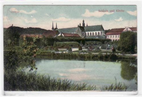 Oliva Oliva / Oliwa mit Schloss und Kirche gelaufen, mit Stempel von 1906, Marke entfernt kleiner Knick oben links und rechts, leichte Abschürfungen, leicht stockfleckig, sonst gut erhalten