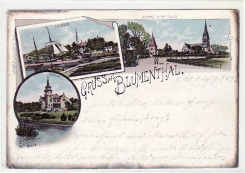 Bremen Bremen Blumenthal, Lithographie mit Kirche, Anleger u. Burgwall gelaufen, 1897. leichte Abschürfungen, Oxydationsspuren an den Rändern, kleiner Knick unten links, sonst gut erhalten