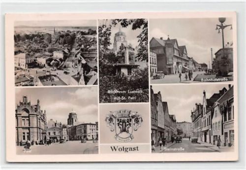 Wolgast mit Post, Bahnhof- und Steinstraße gelaufen. Gute Erhaltung.