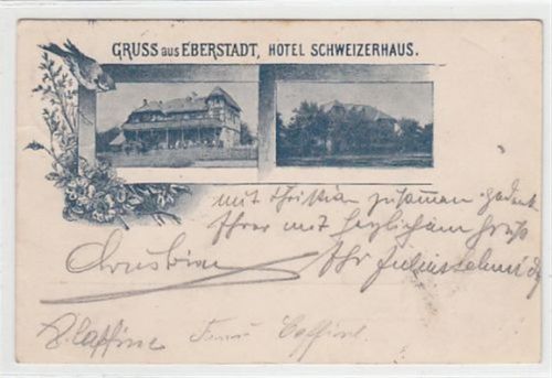 Darmstadt Darmstadt, Eberstadt. Lithographie. Hotel Schweizerhaus gelaufen, 1898. Leicht fleckig, leicht bügig, sonst gut erhalten