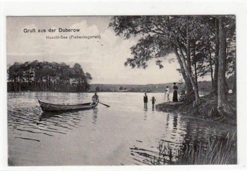 Gruß aus der Duberow mit Huscht-See ( Fiebecksgarten). Postalisch befördert mit Marke 1914. Kleiner Riß an der unteren Kante, sonst gut erhalten.