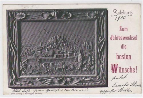 Salzburg Salzburg. ein Teil der Stadt Burg. Zudruck: Zum Jahreswechsel die besten Wünsche ! gelaufen 1900. Vorder- und Rückseite leicht fleckig, sonst gut erhalten