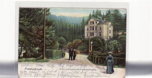 Friedrichroda Lithographie Friedrichroda. Partie im Grund Hotel Waldschlößchen gelaufen 1906 Eckbug unten rechts sonst gut erhalten.