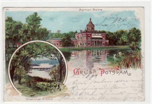 Potsdam Lithographie Gruss aus Potsdam. Marmor-Palais Glienicker Brücke. Postalisch gelaufen 1903. Die Marke fehlt. Kleine Knicke oben rechts und unten links.