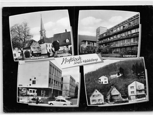 Nußloch, Kreis Heidelberg mit Kirchpartie und Altersheim gelaufen kleiner Knick oben rechts und unten links, sonst gut erhalten