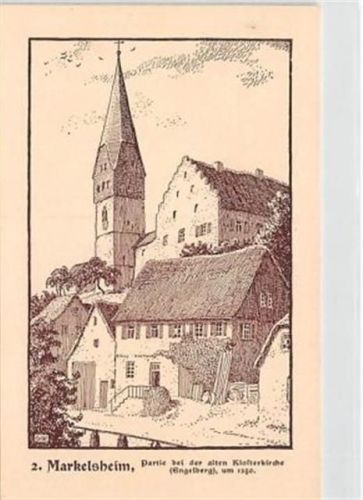 Markelsheim, Federzeichnung. Partie bei der alten Klosterkirche (Engelheim), erbaut um 1350 ungelaufen Sehr gut erhalten.