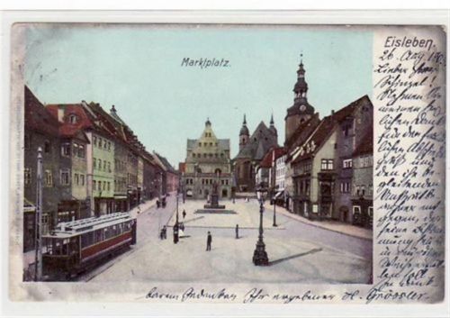 Lutherstadt Eisleben Eisleben mit Marktplatz und Straßenbahn gelaufen von 1903 kleiner Knick oben links, Oxydationsspuren an den Rändern, sonst gut erhalten.