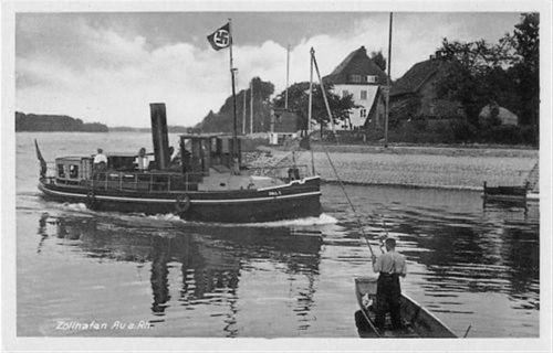 Au am Rhein. Zollhafen mit Boot im dritten Reich ungelaufen Sehr gut erhalten. WK II